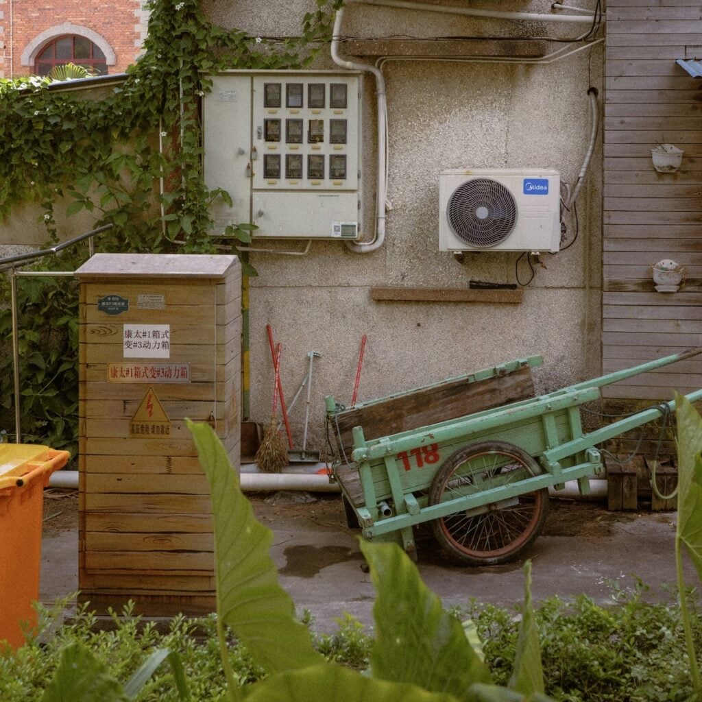 Commercial property cleanup equipment and waste-removal area, representing commercial dumpster rental near me.
